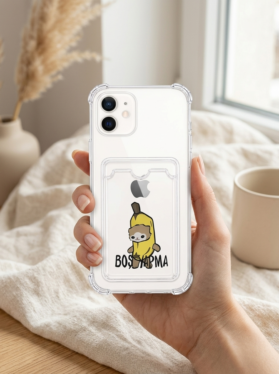 iPhone 12 Boş Yapma Muz Detaylı Kart Bölmeli Şeffaf Telefon Kılıfı