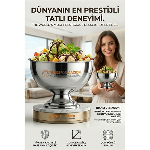 4 lü  Ayaklı Dondurma Tatlı Kokteyl ve Sunum Kasesi -  Paslanmaz Çelik 13 cm 723026