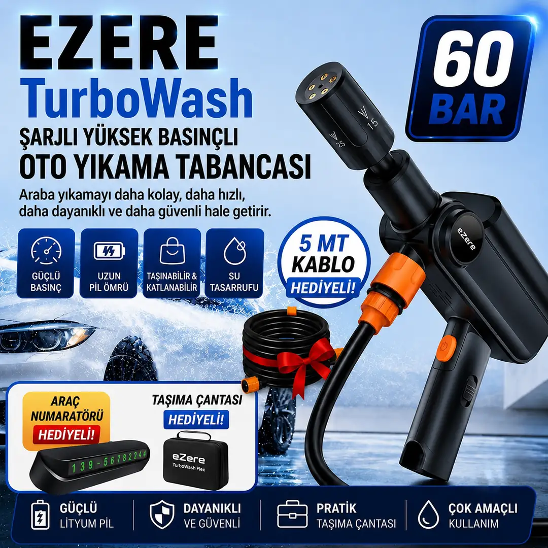 EZERE TurboWash Şarjlı 60 Bar Yüksek Basınçlı Oto Araba Bahçe Yıkama ve Temizleme Tabancası Makinesi-(1903)