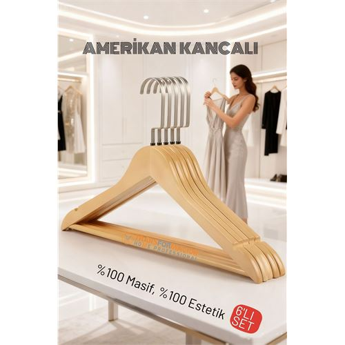 LasVegas Ahşap Elbise Askısı - 6'lı Set, Lüks Amerikan Kancalı Gardırop Düzenleyici 