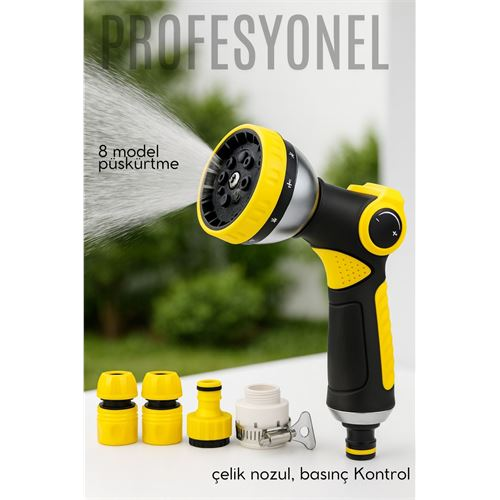 Profesyonel 8 Modelli Metal Basınçlı Sulama Tabancası Seti | Ayarlanabilir Jet | Hortum Konnektörlü 