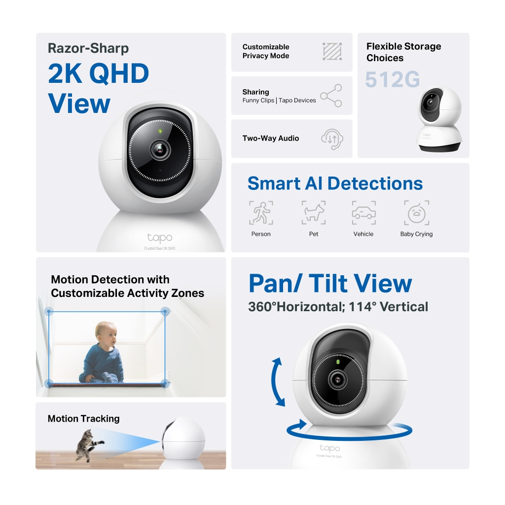 TP-LINK Tapo TC72 (C220) 2K QHD 40Mpix İç Mekan WiFi 9Mt. Gece Görüşü 360 Dönüş İki Yönlü Ses Güvenlik Yapay Zeka Destekli Kamera(1923)