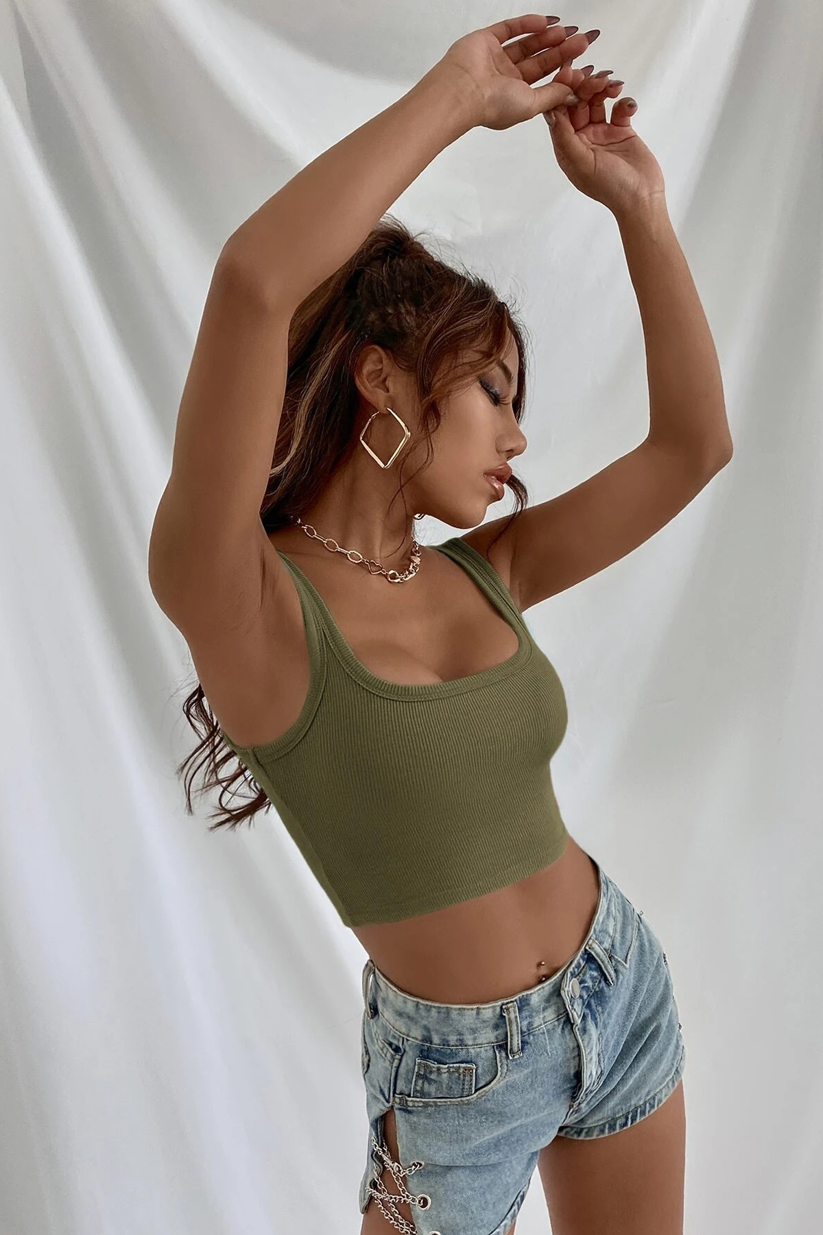 Kadın Haki Yeşili Kalın Askılı Crop Top Büstiyer