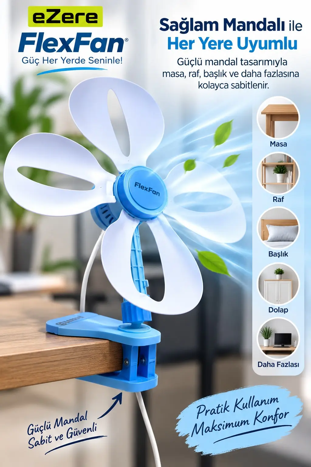Ezere FlexFan Klipsli Elektirikli Vantilatör Ev Ofis Mini Fan-(5775)