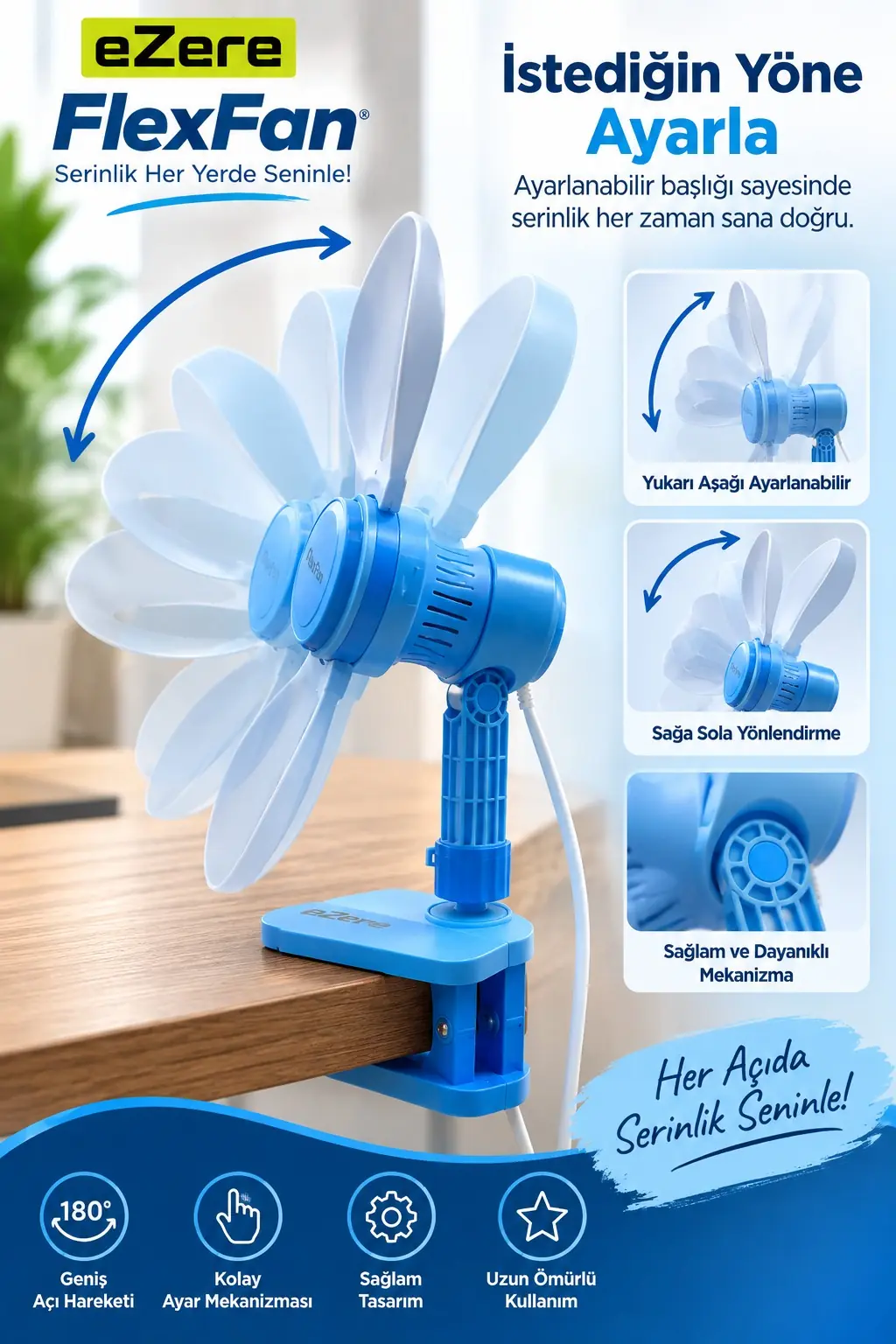 Ezere FlexFan Klipsli Elektirikli Vantilatör Ev Ofis Mini Fan-(5775)