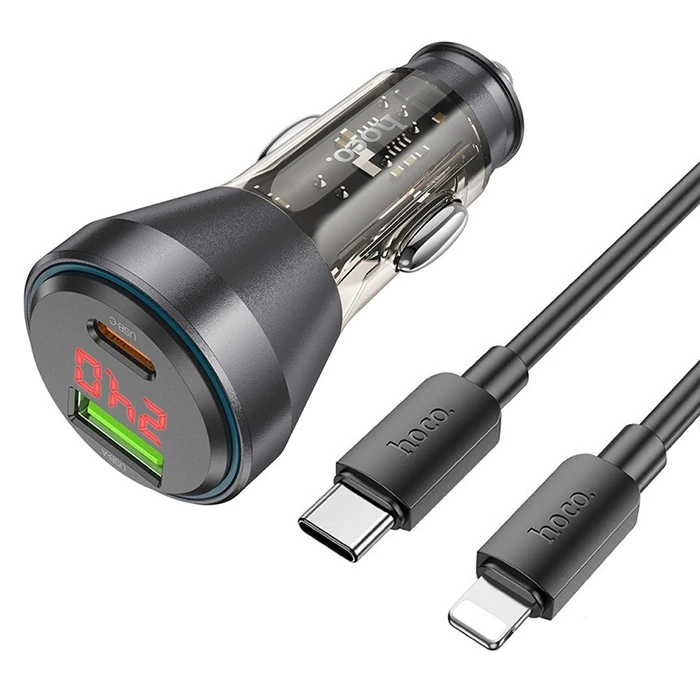 HOCO NZ12B Unimpeded PD48W USB + Type-C Araç Çakmaklı Hızlı Şarj Aleti + Type-C to iPhone Kablo-(1903)