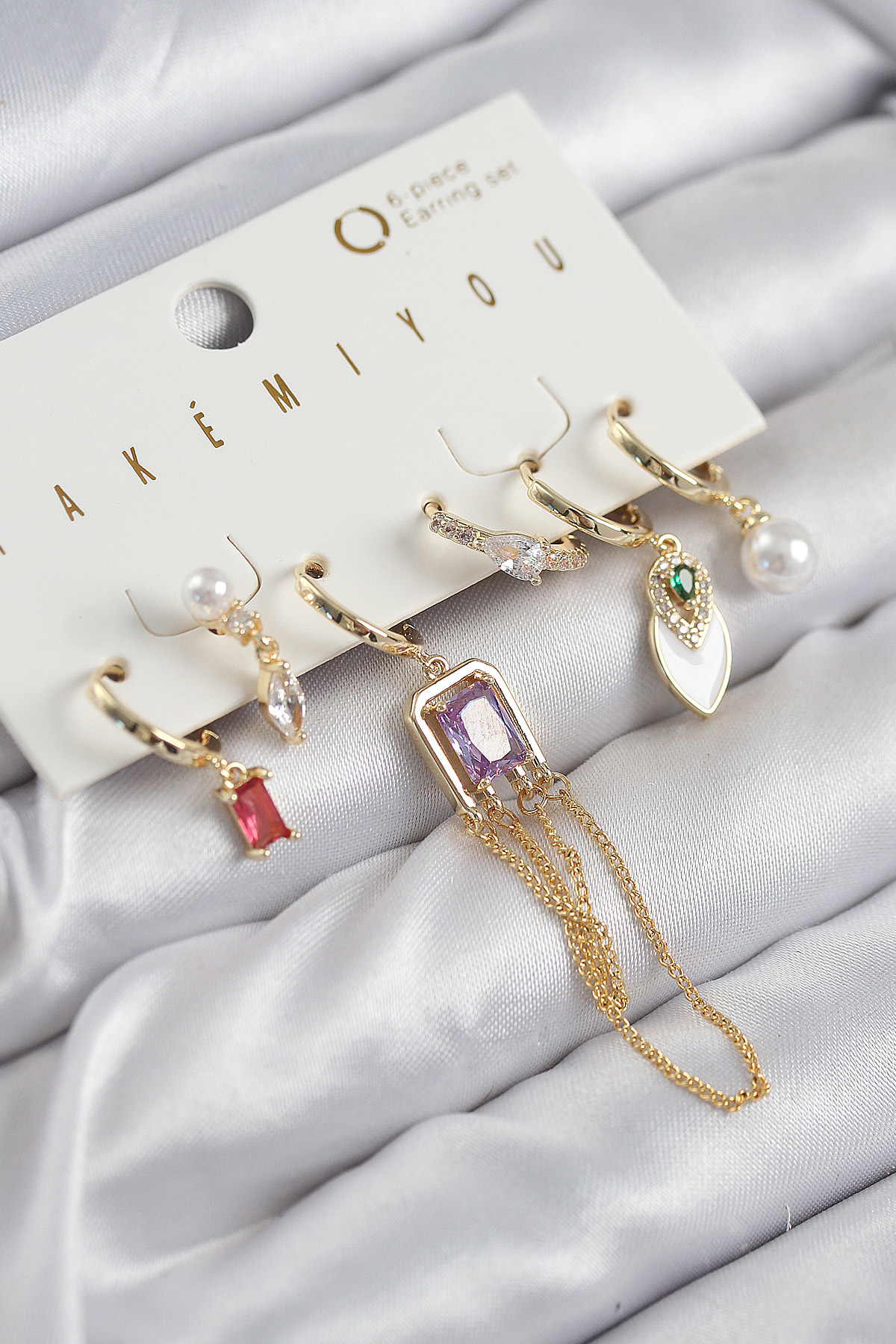 Pirinç Zirkon Taşlı Sallantılı Ve İncili Gold Renk 6'lı Küpe Set 5886