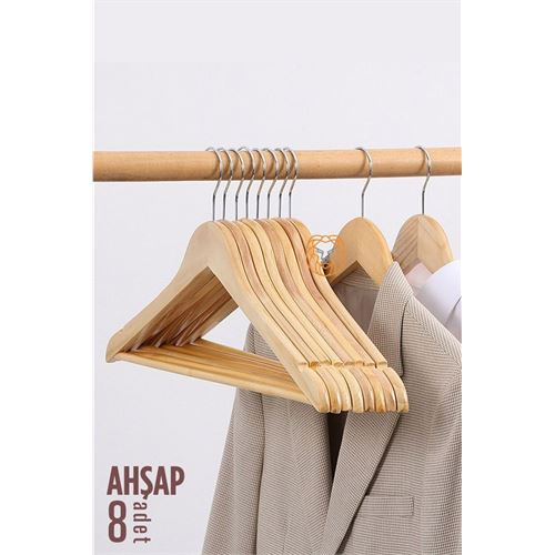 HSNET Elbise Askısı Natural Ahşap 8 ADET  