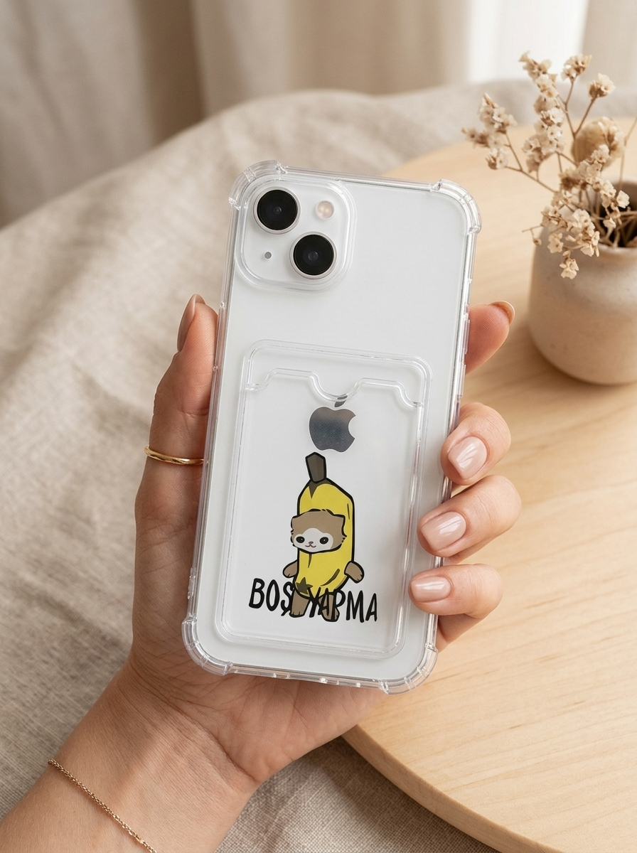iPhone 14 Boş Yapma Muz Detaylı Kart Bölmeli Şeffaf Telefon Kılıfı
