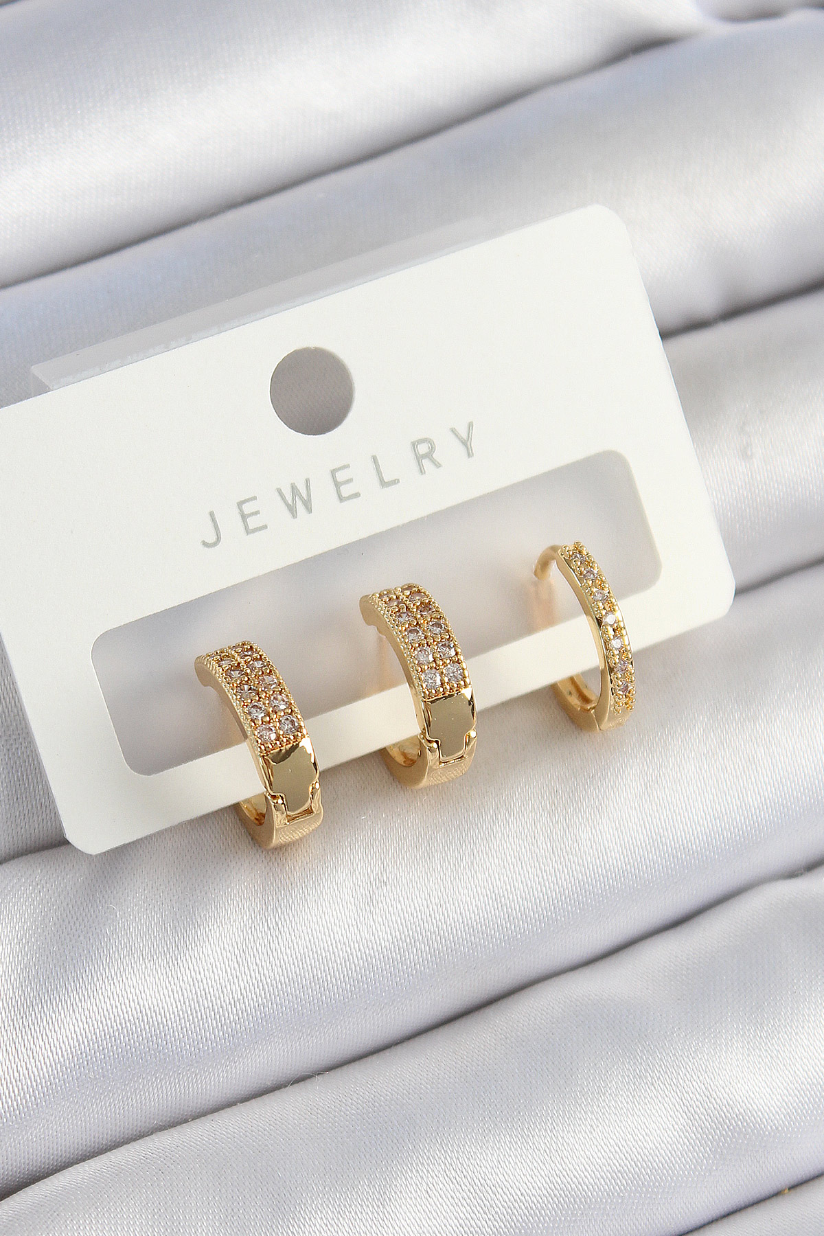 Pirinç Zirkon Taşlı Halka Model Gold Renk 3'lü Çift Kadın Küpe Set 5886