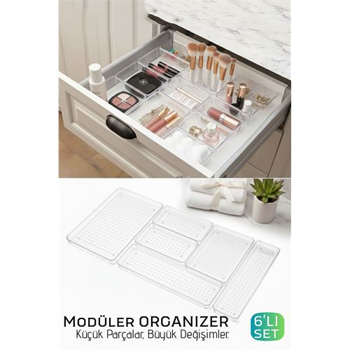 6 Parça Modüler Kristal Çekmece Düzenleyici Seti - Lüks Makyaj, Takı ve Ofis Organizeri 