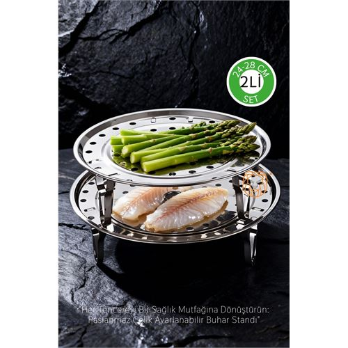2'li Set Inox Çelik Ayaklı Buharlı Pişirme Aparatı -  24+28 cm Çok Amaçlı Tencere İçi Haşlama Standı 