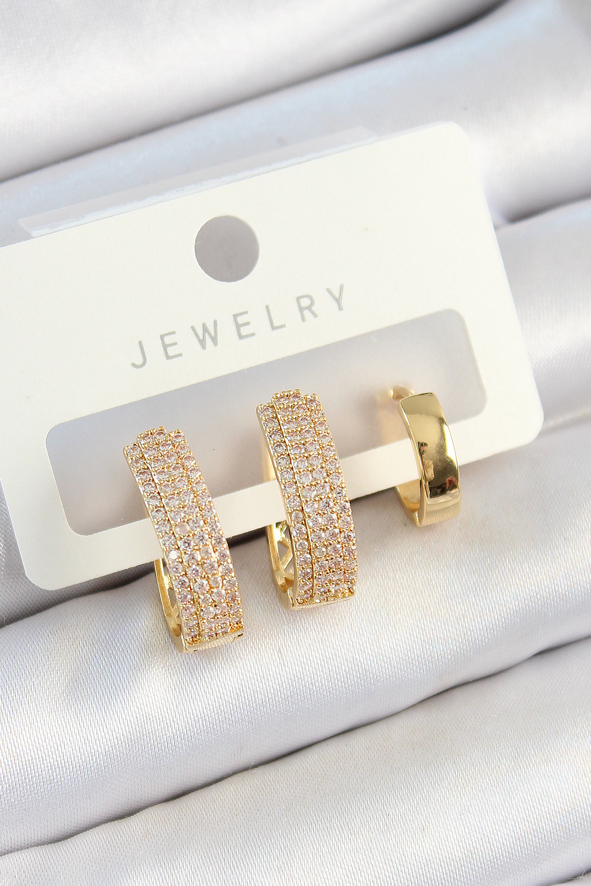 Pirinç Zirkon Taşlı Damla Model Gold Renk 3'lü Çift Kadın Küpe Set 5886