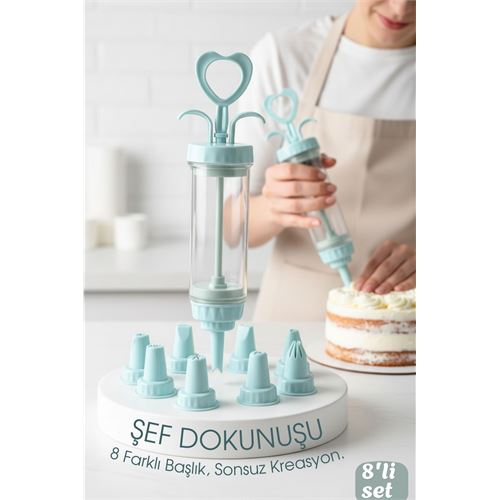 Profesyonel 8'li Başlıklı Pasta Krema Süsleme Pompası Seti Enjektör Uçlu 