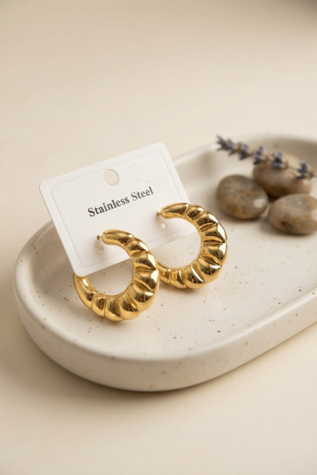 316L Çelik Gold Renk Retro Model Kalın Gövdeli Küpe 5886