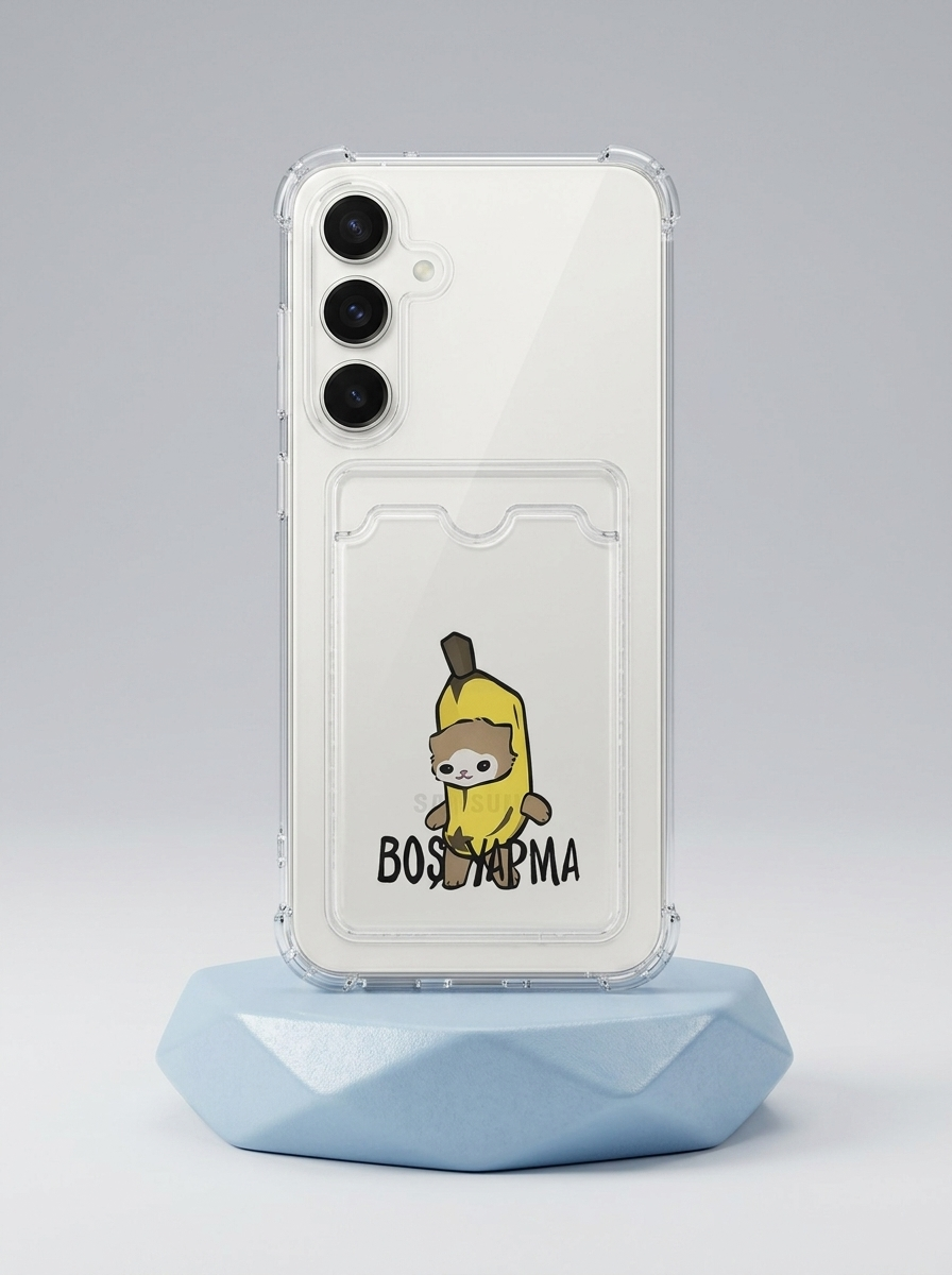 Samsung Galaxy S25 Boş Yapma Muz Detaylı Kart Bölmeli Şeffaf Telefon Kılıfı