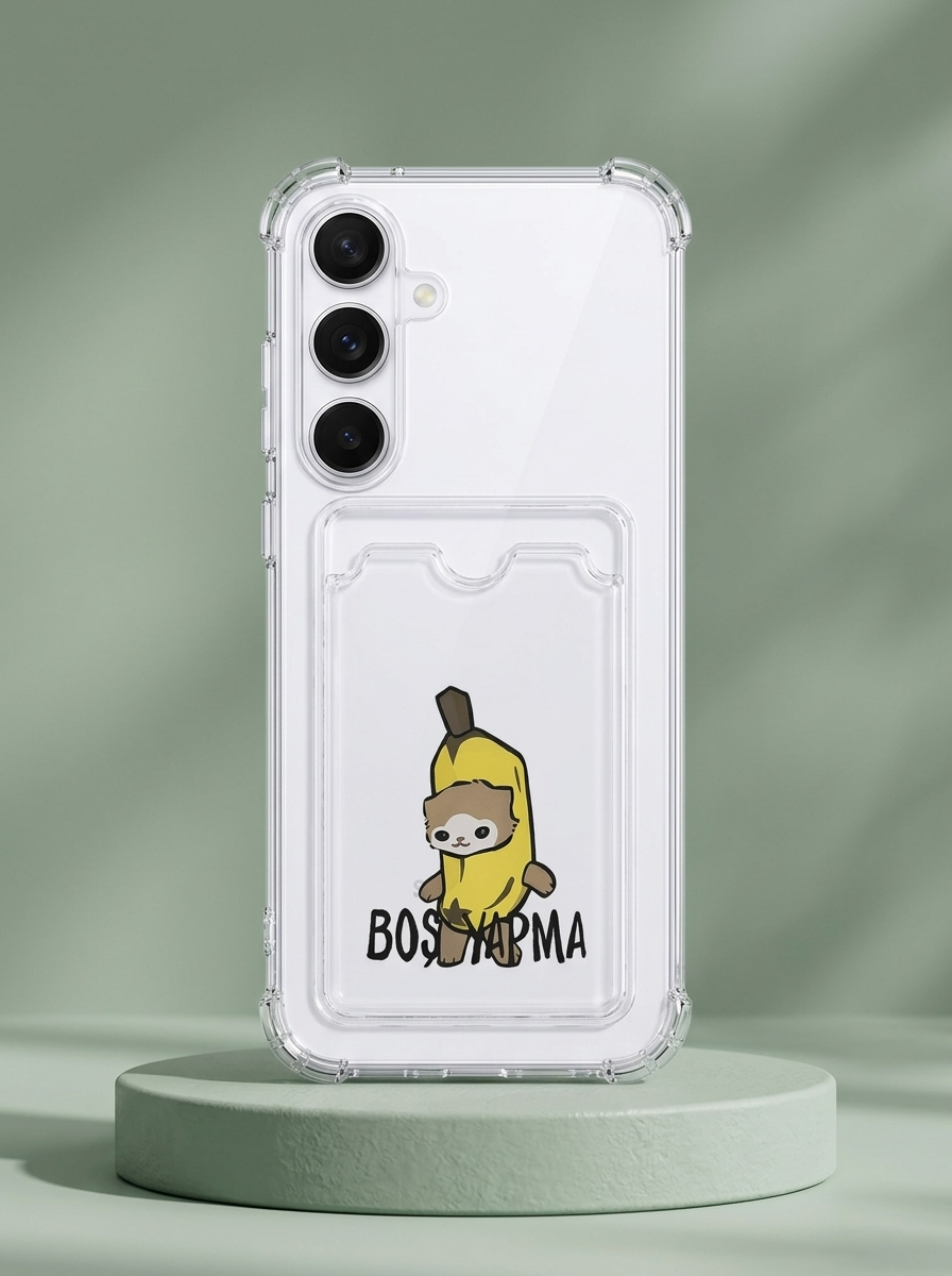 Samsung Galaxy S25 Boş Yapma Muz Detaylı Kart Bölmeli Şeffaf Telefon Kılıfı