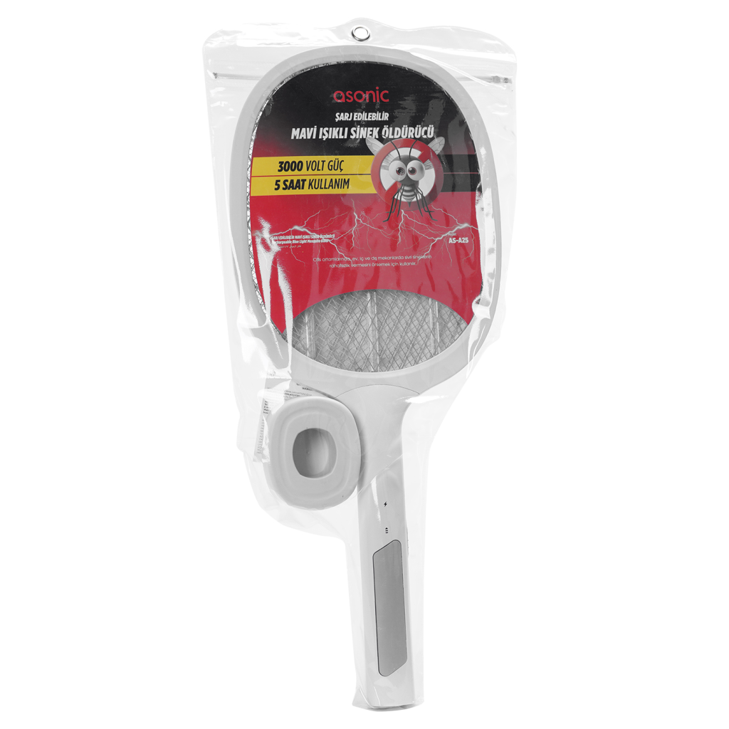 ASONIC AS-A25 Beyaz-Gri 3000V Raket Tipi UV Mor Işıklı 1200mAh Bataryalı Şarj Edilebilir Sinek Öldürücü(1923) 5