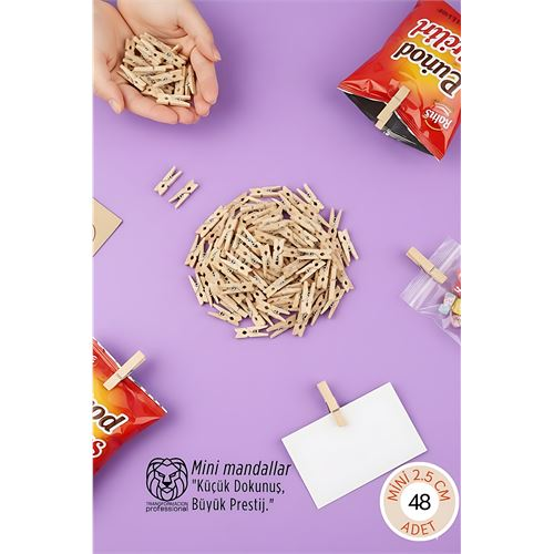 48 Adet Mini Ahşap Mandal 2,5 cm - Fotoğraf Sunum, Paketleme ve Dekoratif Not Tutucu Seti 