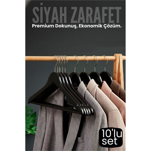10'lu Lüks Siyah Elbise Ceket Askısı - Ergonomik & Kaymaz Plastik Askı Seti -  Ahşap Görünümlü 