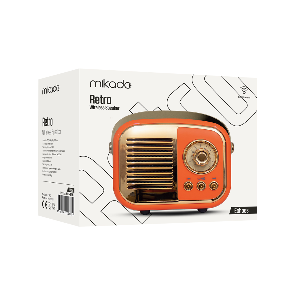 MIKADO MD-24BT Echoes Turuncu 3W Taşınabilir USB/TF Kart/Bluetooth 800mAh Klasik Retro Müzik Kutusu(1923) 5