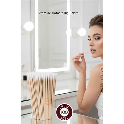 2mm Ucu Pamuklu Ahşap Micro Swab Diş Bakım Çubuğu - 100 Adet Premium Hijyenik Bakım Çubuğu 