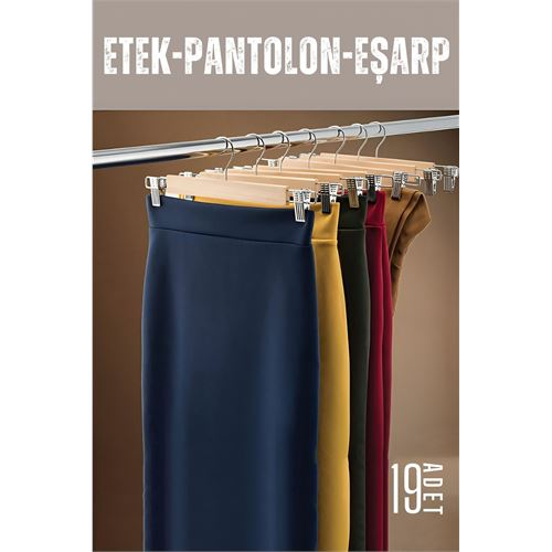 HSNET Etek Pantolon Eşarp Kıskaçlı Askı 19 Adet Ahşap 