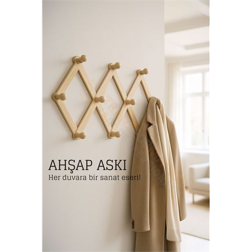 Ahşap Akordeon Duvar Askısı - Dekoratif, Çok Amaçlı, 10 Kancalı Akıllı Askılık 