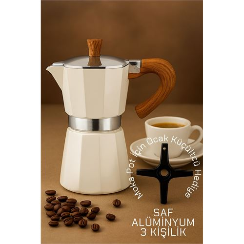 HSNET Italyan Moka Pot - 6061 Saf Alüminyum  Ahşap Saplı - 3 kişilik KREM 