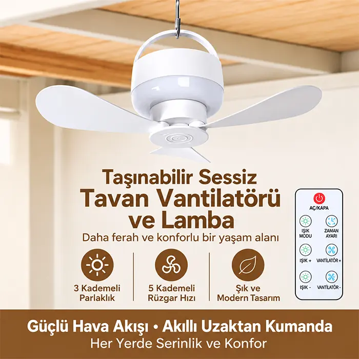 Ezere AeroSnap LED Kamp Tavan Fanı ve Taşınabilir Şarjlı Tavan Vantilatörü-(5775)