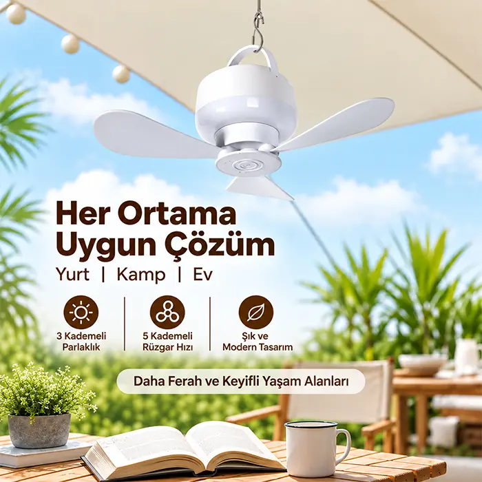 Ezere AeroSnap LED Kamp Tavan Fanı ve Taşınabilir Şarjlı Tavan Vantilatörü-(5775)
