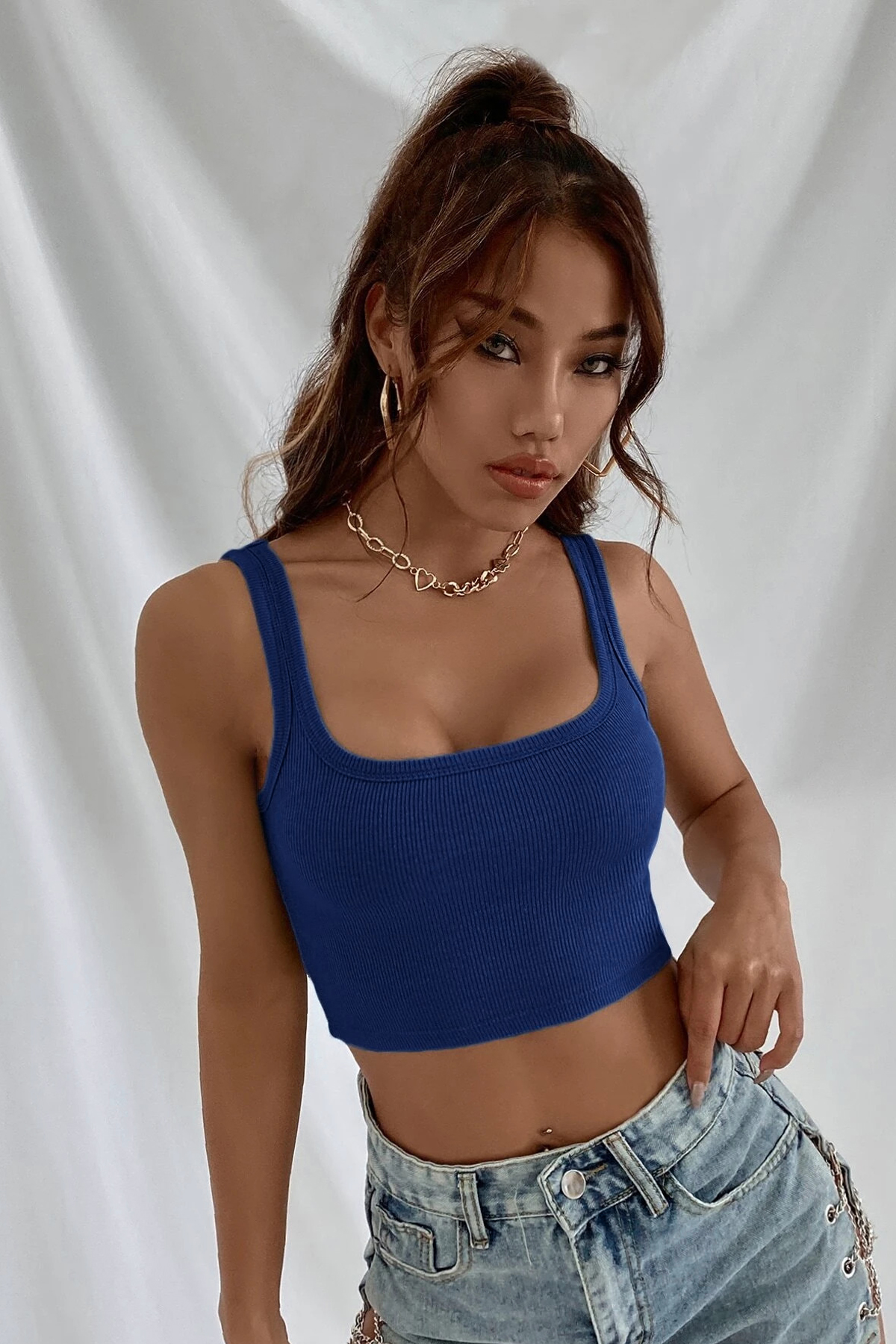 Kadın Lacivert Kalın Askılı Crop Top Büstiyer