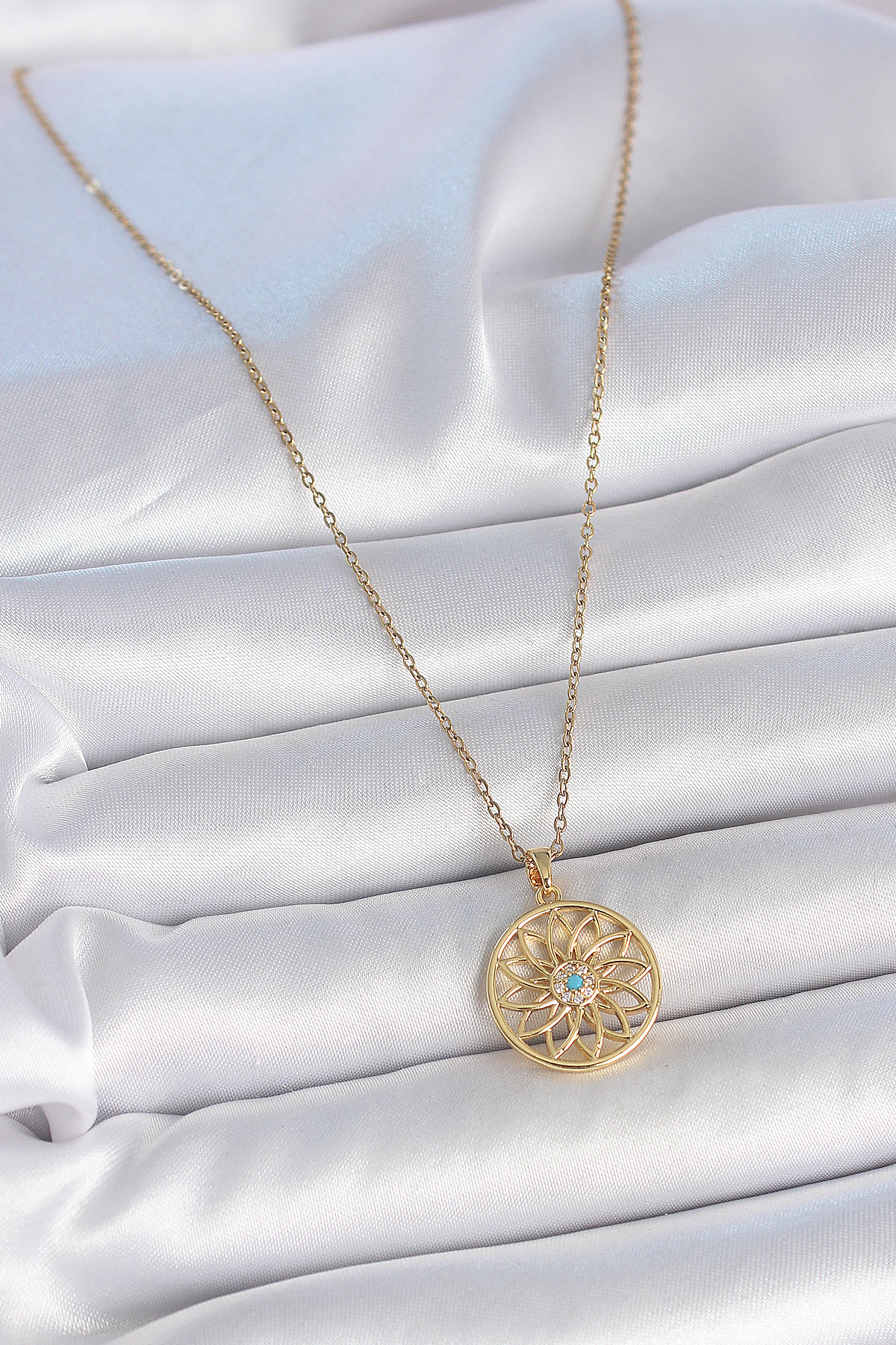 316L Çelik Gold Renk Zincr Mavi Taşlı Lotus Model Kadın Kolye 5886