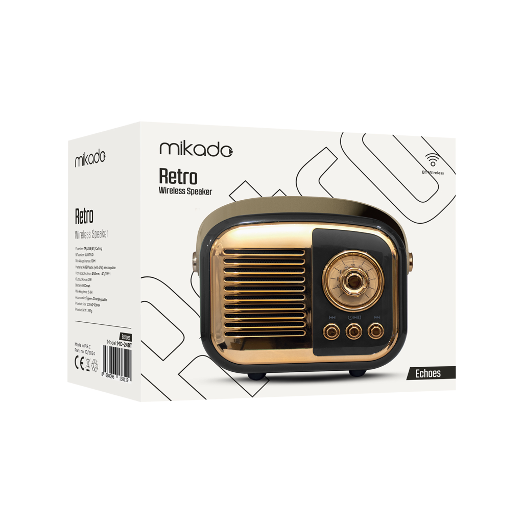 MIKADO MD-24BT Echoes Siyah 3W Taşınabilir USB/TF Kart/Bluetooth 800mAh Klasik Retro Müzik Kutusu(1923) 5