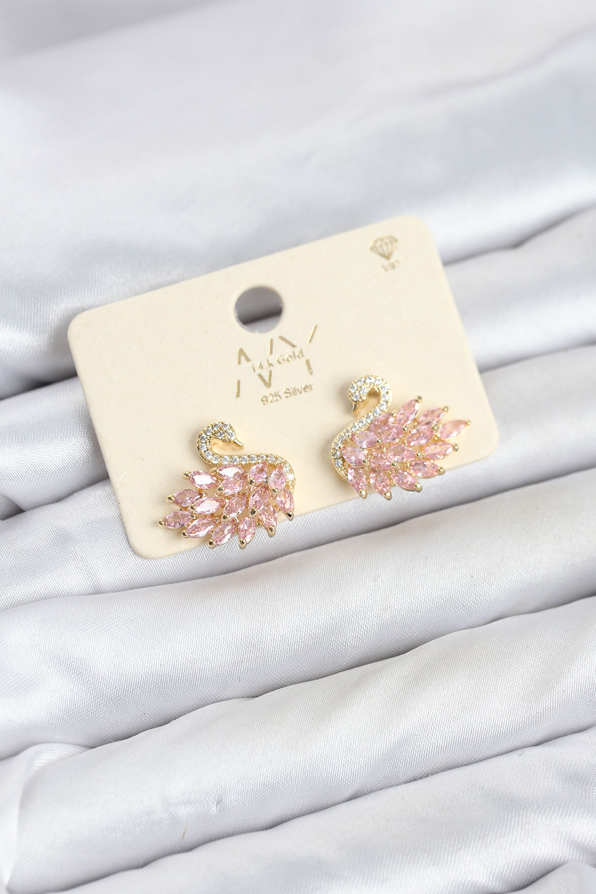 Pembe Zirkon Taşlı Gold Swan Kuğu Model Kadın Küpe 5886