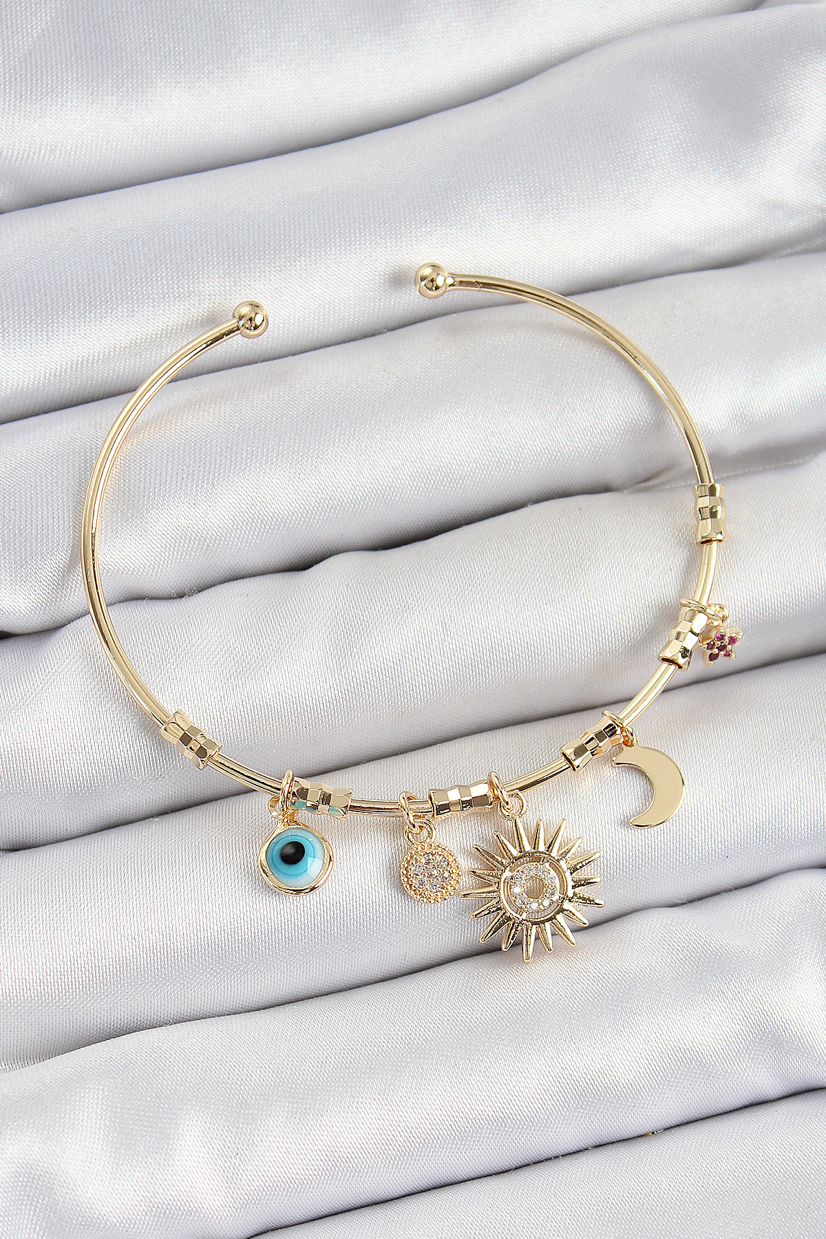 Pirinç Zirkon Taşlı Güneş Ay Nazar Model Gold Renk Charm Bileklik 5886