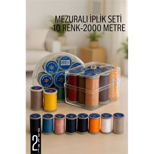 HSNET Dikiş İpliği Seti - 10 Renk 2000 Mt Kutulu Mezuralı Dikiş Seti 