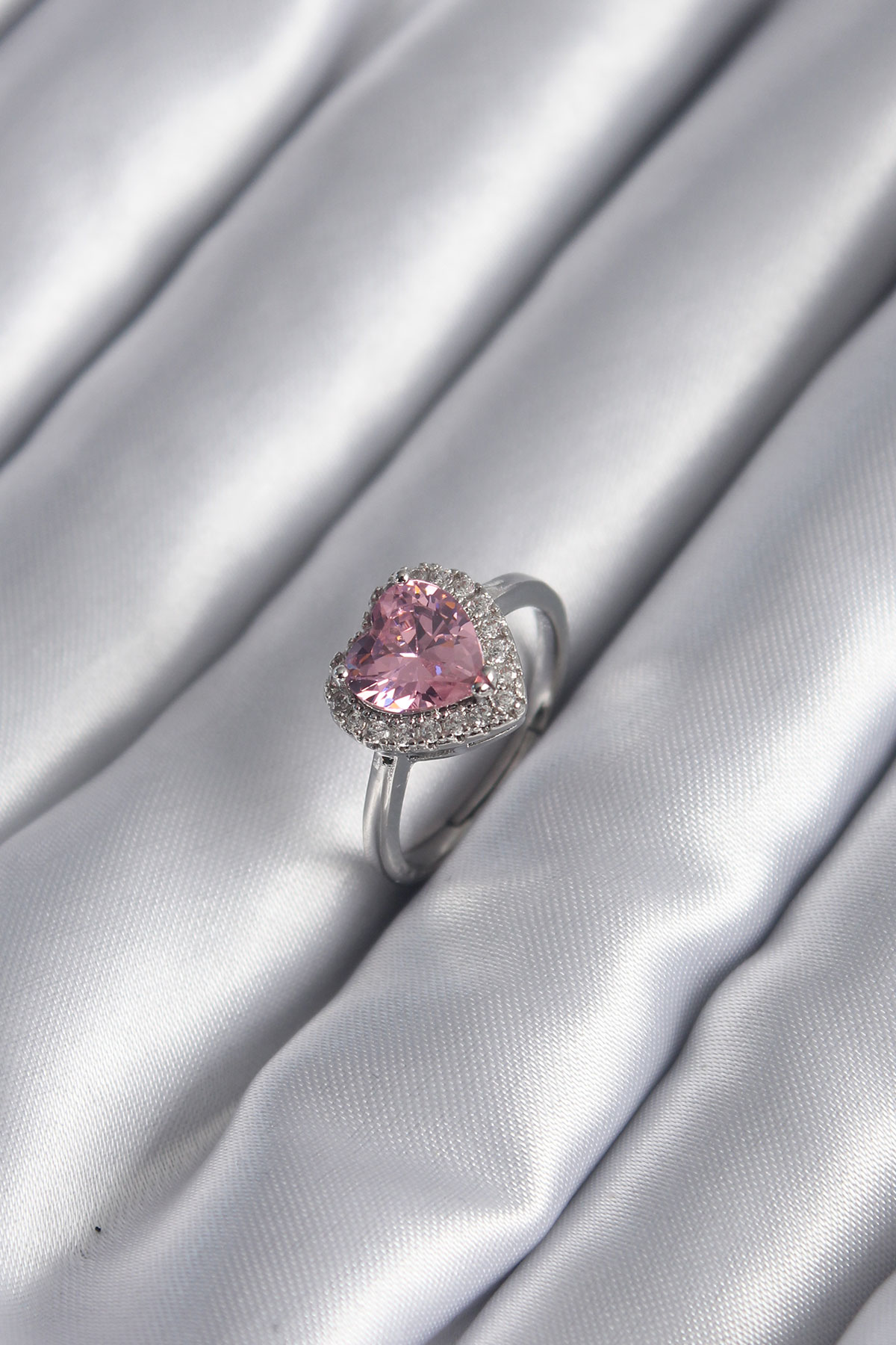 Pirinç Gümüş Renk Pembe Zirkon Taş Kalp Charm Model Kadın Yüzük 5886