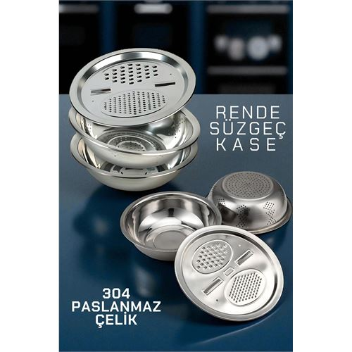 HSNET Çelik Rende Kase Süzgeç Seti - MultiFix 3 in 1 Paslanmaz Çelik 