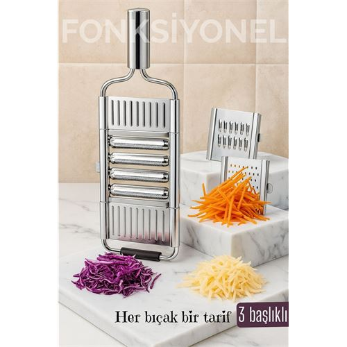 Paslanmaz Çelik Sebze Rendesi – Değiştirilebilir 3 Bıçaklı, Çok Fonksiyonlu, Hızlı ve Pratik  