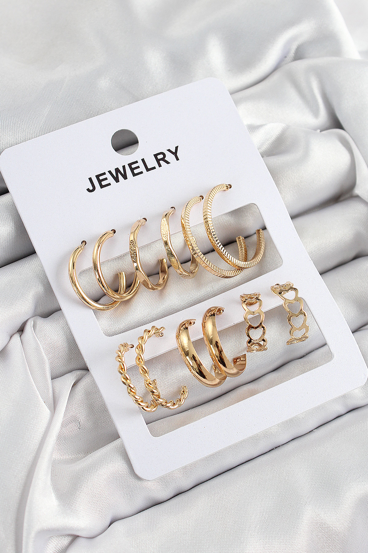 Pirinç Karışık Halka Model Gold Renk 6 Çift Kadın Küpe Set 5886