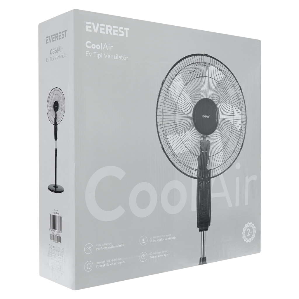 EVEREST FAN11 SİYAH CoolAir 3 Kademeli Hız 40cm 5 Kanat Pervane ve Çerçeve 45W Otomatik Salınım Yükseklik Ayarlı Vantilatör(1923) 5
