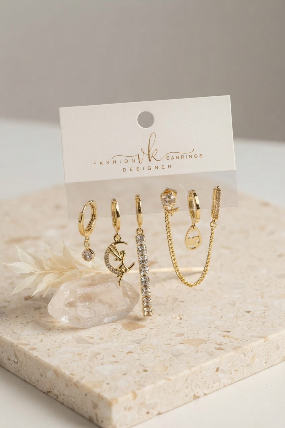 Gold Renk Pirinç Zirkon Taşlı 6'lı Küpe Set Kombini 5886