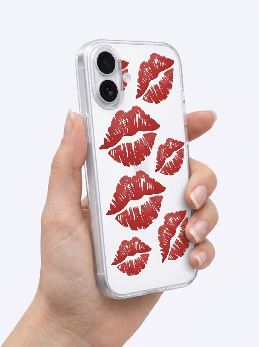 İphone 17 Kırmızı Dudak / Öpücük Desenli Şeffaf Telefon Kılıfı
