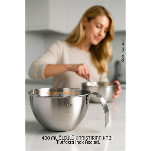Inox Çelik Profesyonel Ölçülü Karıştırma Kabı - 400 ml Sos &amp; Hazırlık Şefi Serisi 