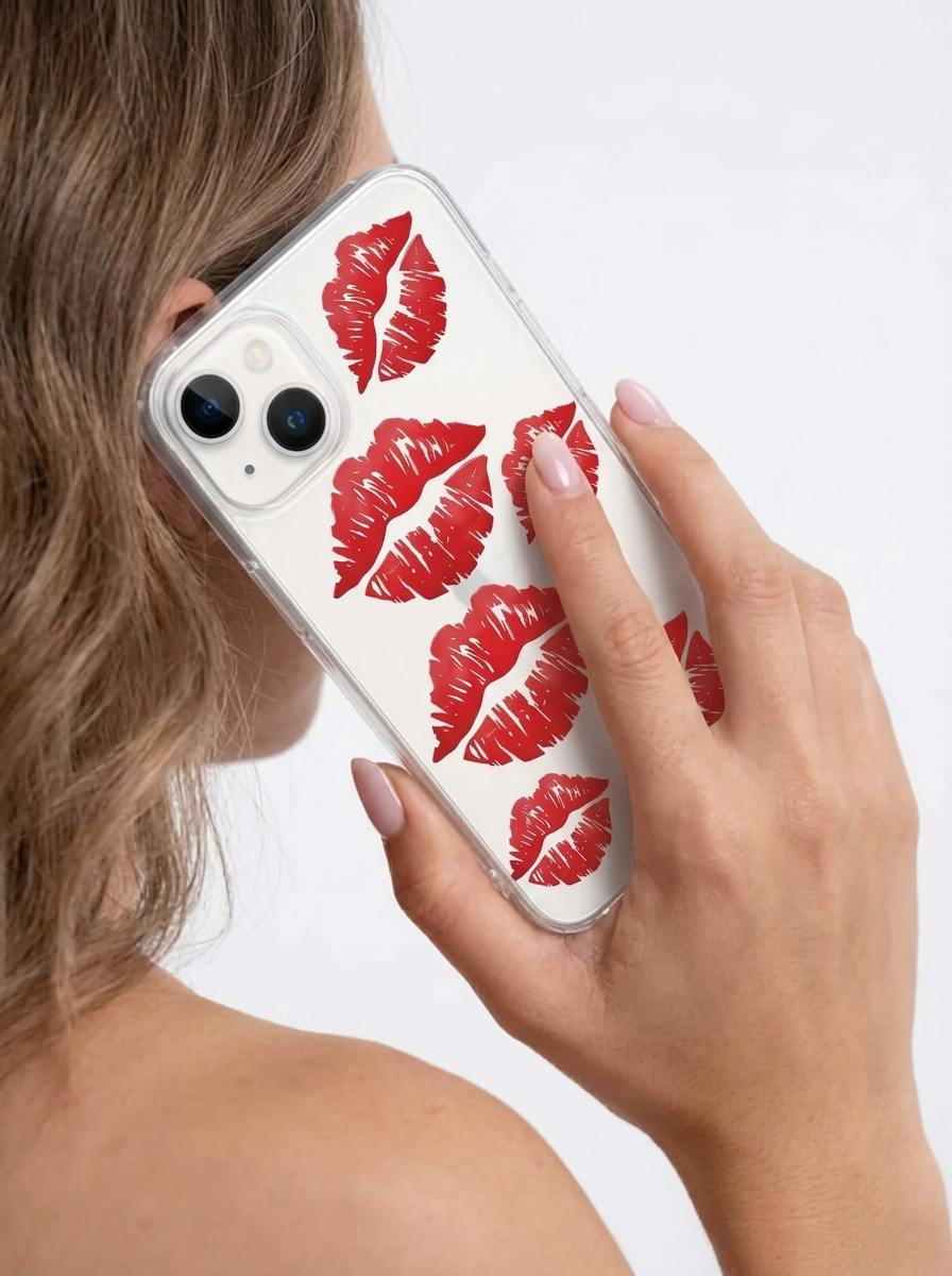 İphone 14 Kırmızı Dudak / Öpücük Desenli Şeffaf Telefon Kılıfı