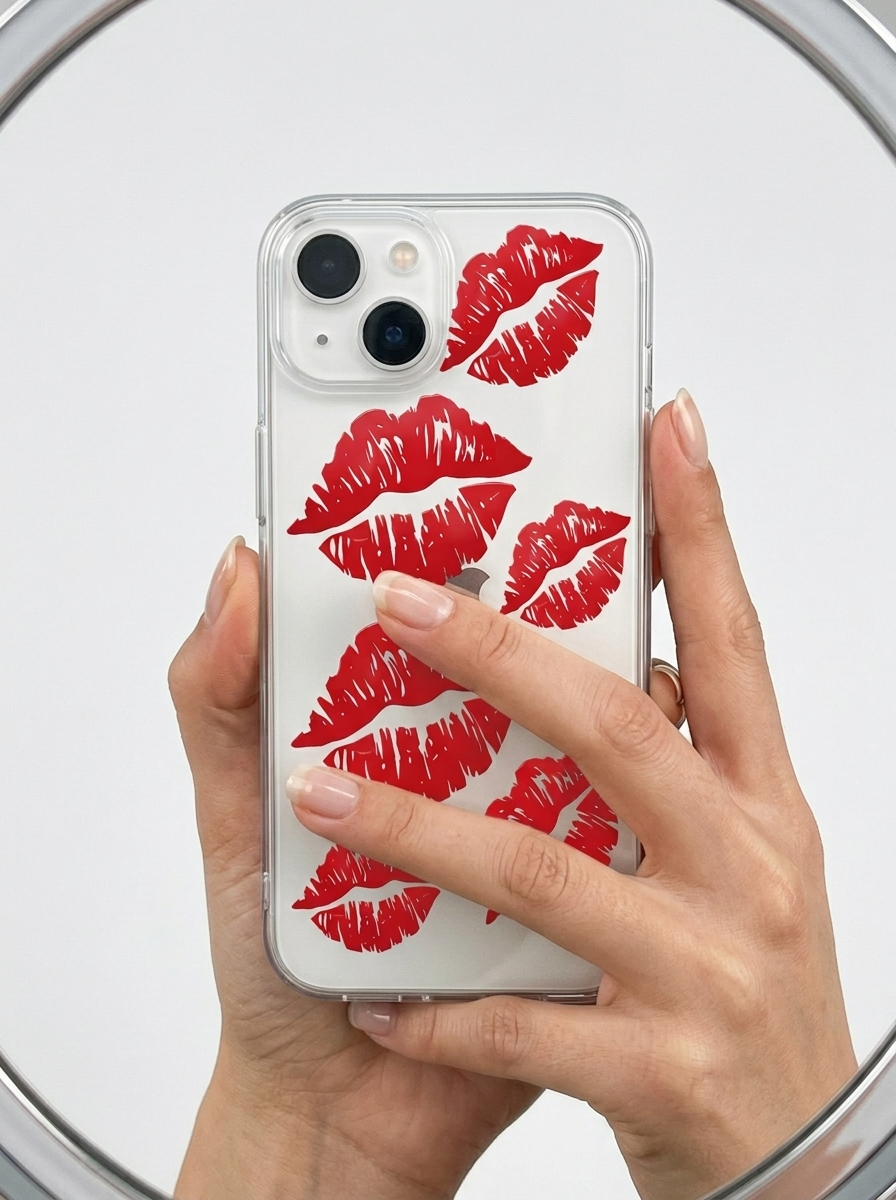 İphone 14 Kırmızı Dudak / Öpücük Desenli Şeffaf Telefon Kılıfı