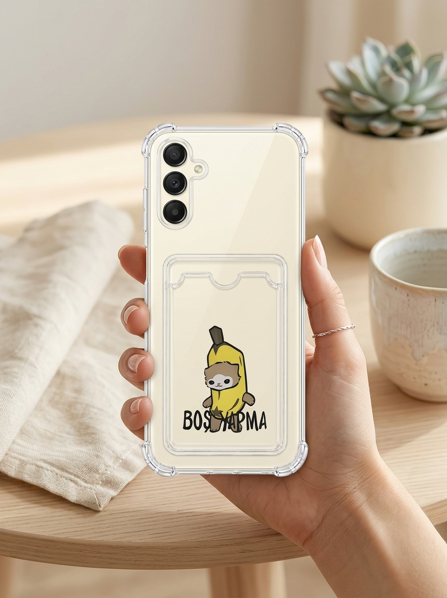 Samsung Galaxy A17 Boş Yapma Muz Detaylı Kart Bölmeli Şeffaf Telefon Kılıfı