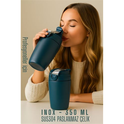 HSNET Inox Çelik Kahve Bardağı - 350 ml  SUS304 Çelik Termos Profesyonel MAVİ 