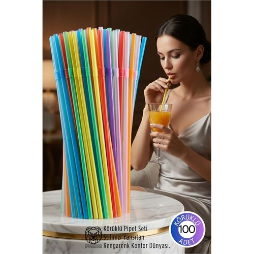 Gökkuşağı Serisi: 100’lü Esnek Körüklü Lüx İçecek Pipeti – 22 cm Premium Sunum Seti 